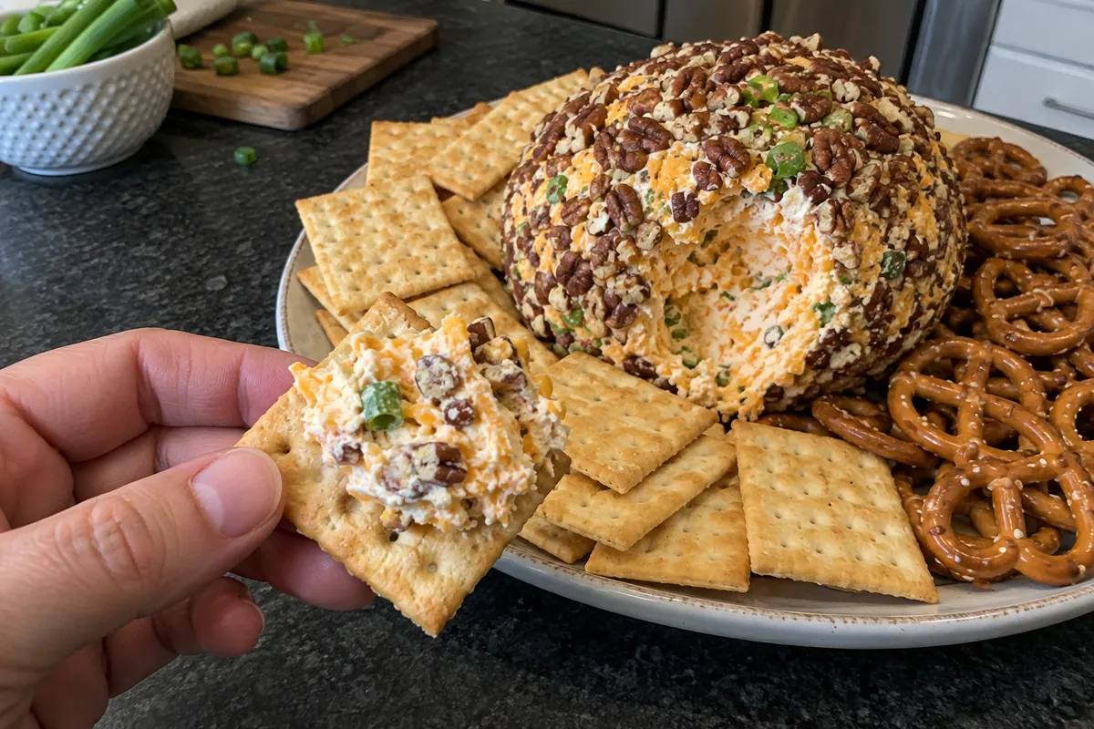 A plain cracker scooping a creamy bite from a classic cheese ball
