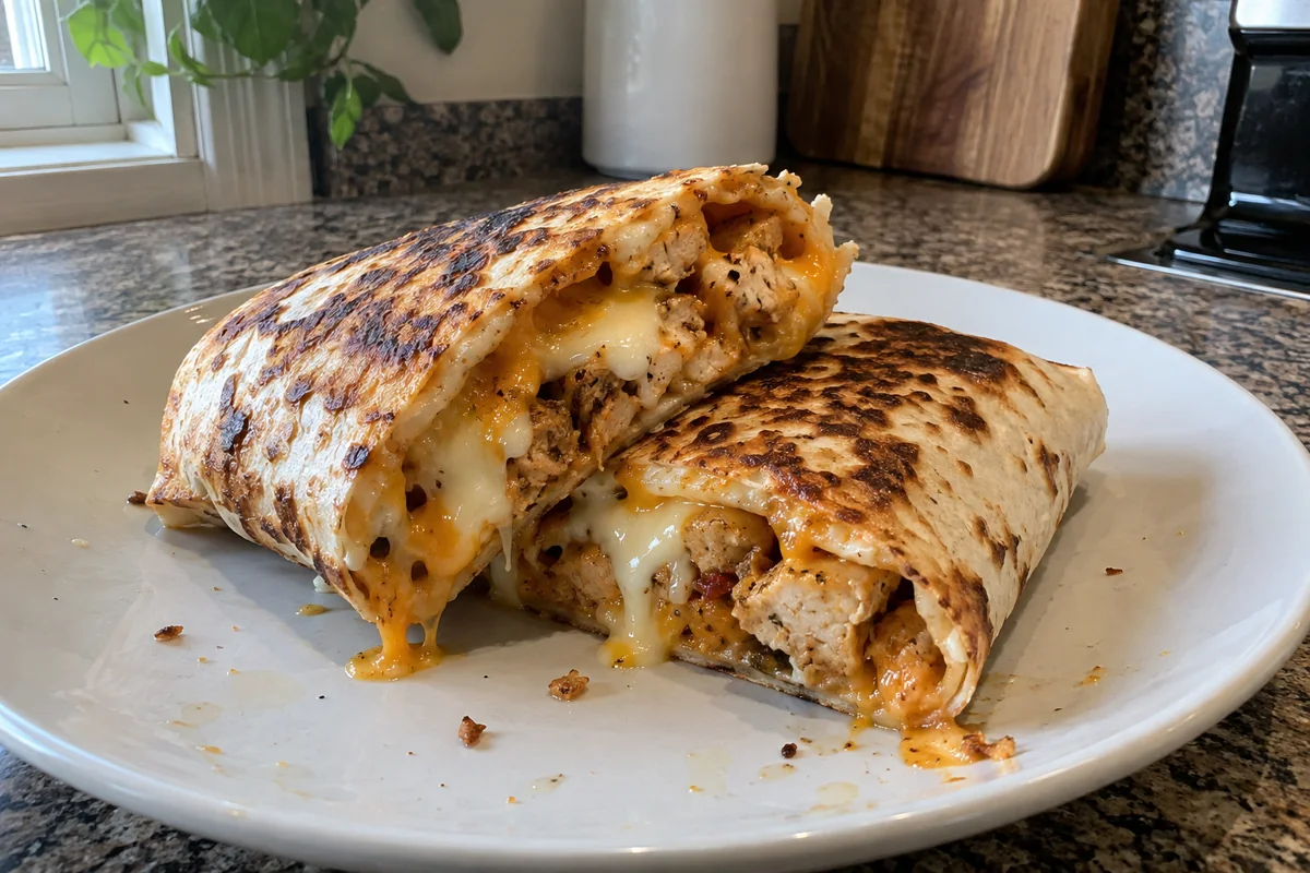 Stacked halves of toasted cheesy garlic chicken wraps with golden charred tortillas and melted cheese on a plate