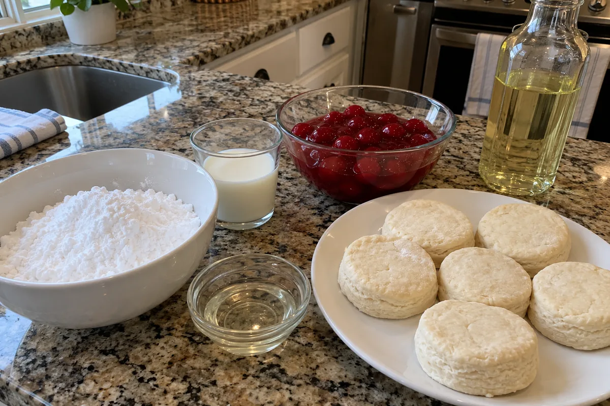 Ingredients for cherry pie bombs in plain unlabeled bowls plus unlabeled biscuit dough and an unlabeled can of cherry filling