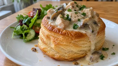 Tall golden chicken mushroom vol-au-vent on a white plate with creamy filling overflowing and parsley on top