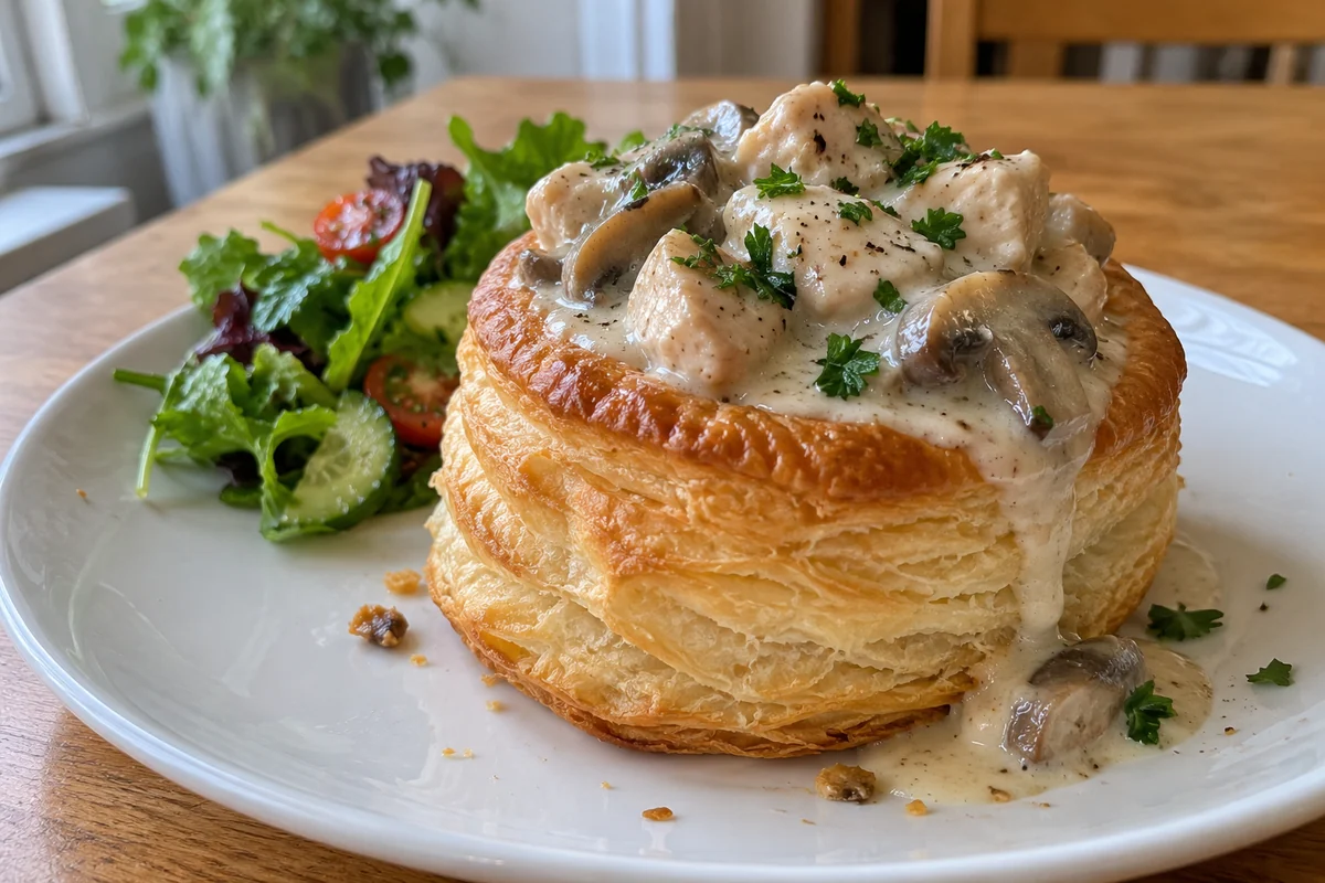 Tall golden chicken mushroom vol-au-vent on a white plate with creamy filling overflowing and parsley on top