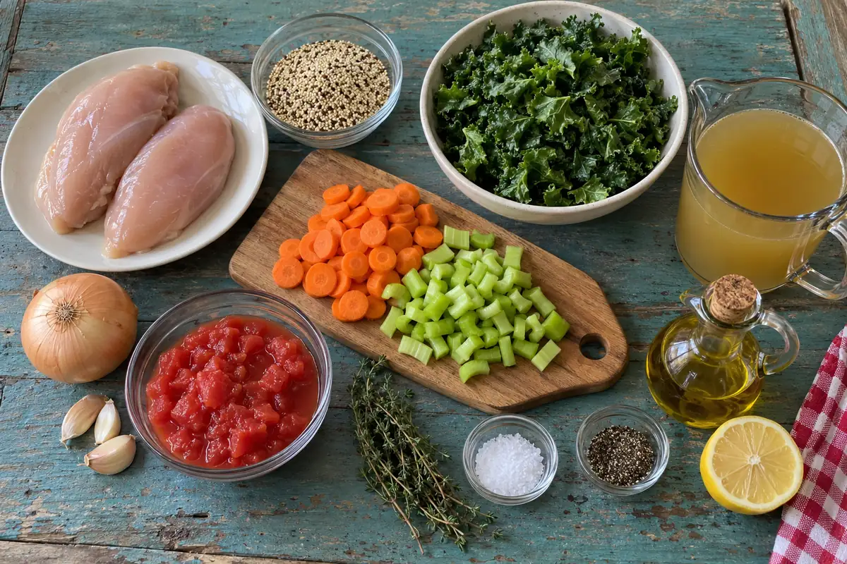 Ingredients for chicken quinoa soup: chicken breasts, quinoa, kale, carrots, celery, onion, garlic, diced tomatoes, broth and thyme