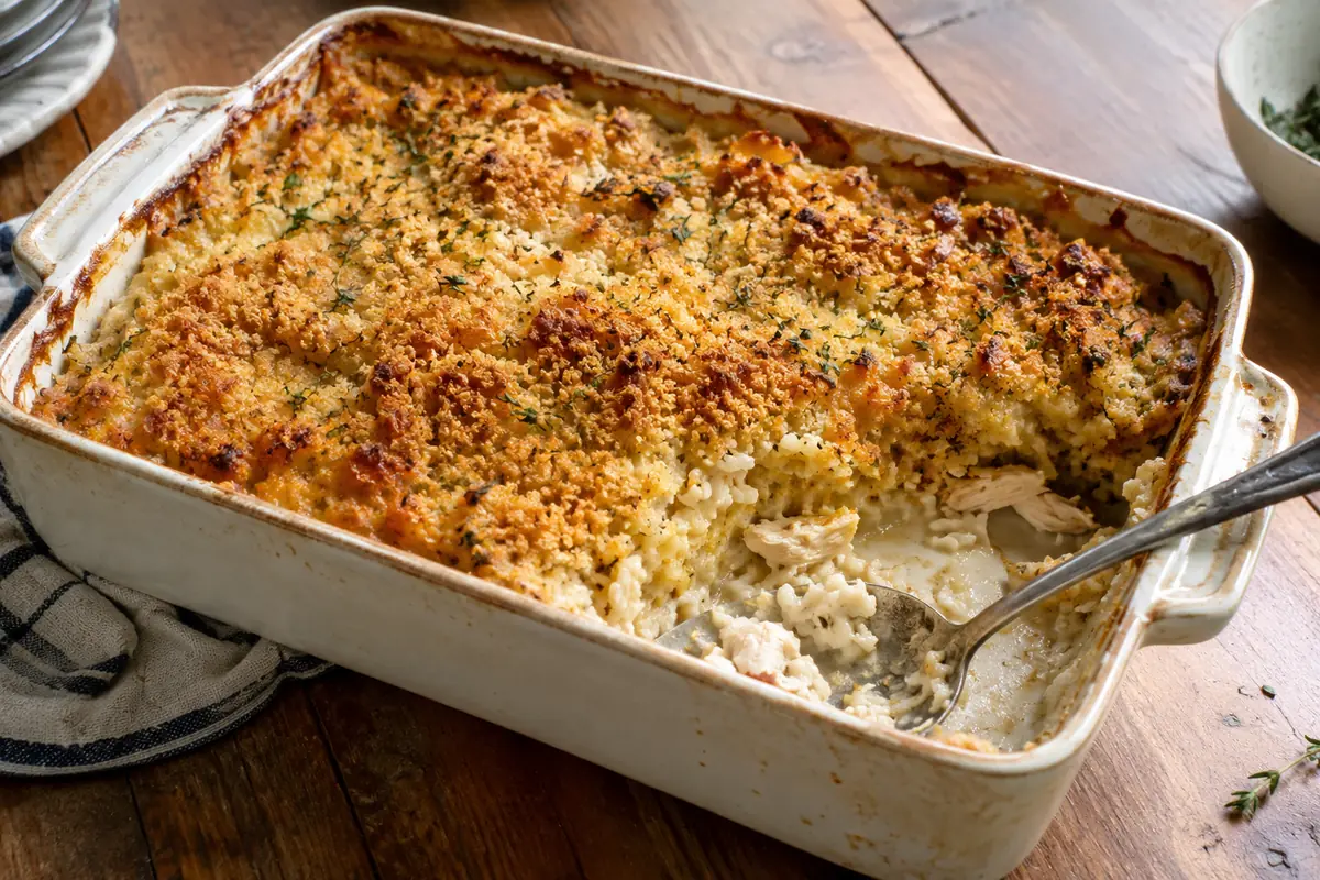 Baking dish of chicken and rice casserole made with homemade cream soup, with a serving scooped out