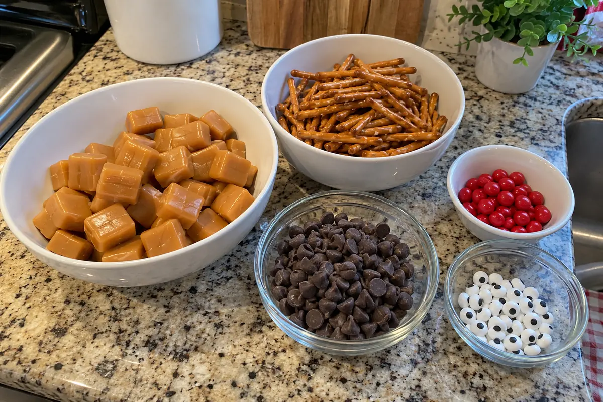 Ingredients for chocolate caramel reindeer in plain unlabeled bowls: caramels, pretzel sticks, chocolate chips, red candies and candy eyes
