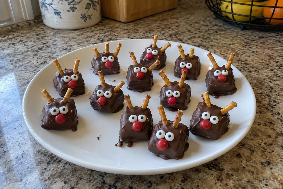 Plate of finished chocolate caramel reindeer with pretzel antlers, candy eyes and red noses
