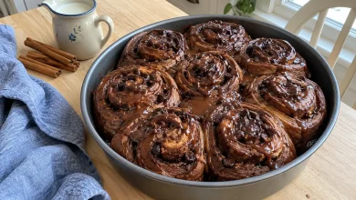 Chocolate cinnamon rolls with chocolate glaze in a round baking pan