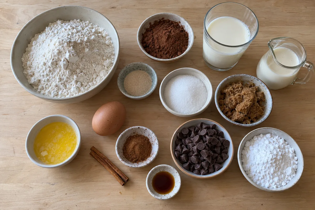 Ingredients for chocolate cinnamon rolls: flour, cocoa, yeast, milk, butter, egg, brown sugar, cinnamon and chocolate chips