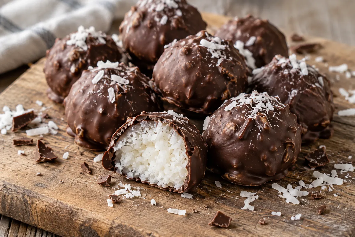 Pile of chocolate-coated round yogurt coconut bites on a wooden board with one cut open showing a white coconut-yogurt center