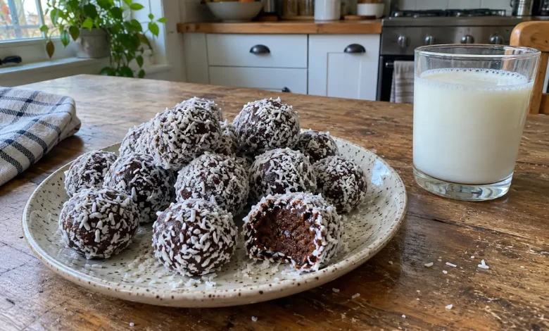 Speckled plate piled with no-bake chocolate malt coconut balls, one bitten to show a fudgy chocolate center, with a glass of milk