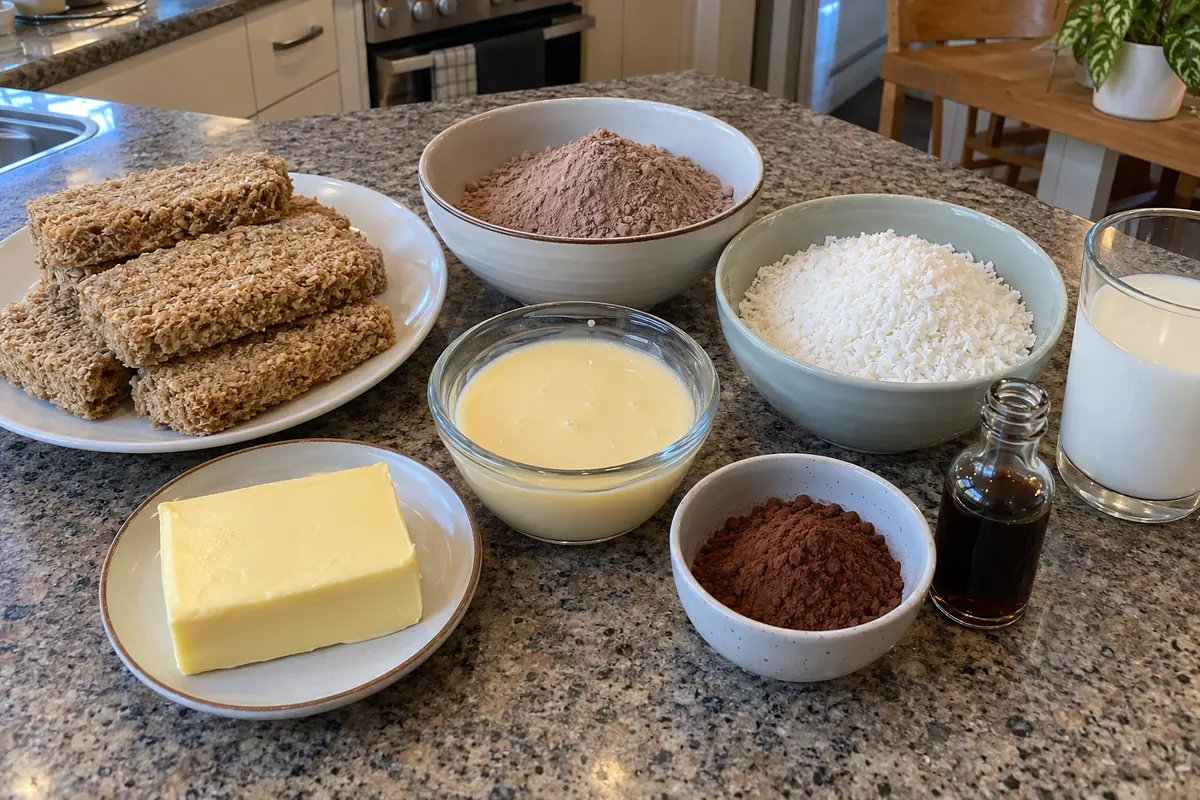 Ingredients for chocolate malt coconut balls: wheat breakfast biscuits, chocolate malt powder, desiccated coconut, condensed milk, butter, cocoa powder, vanilla and milk