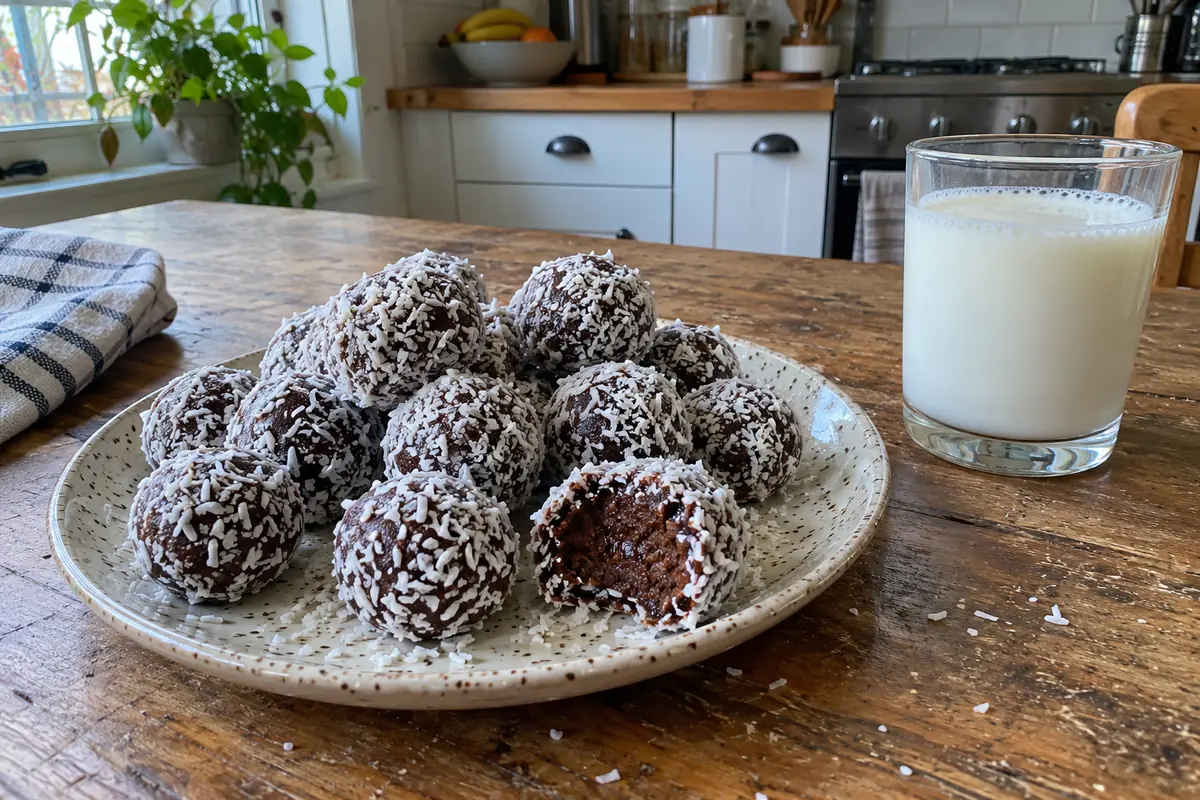 Speckled plate piled with no-bake chocolate malt coconut balls, one bitten to show a fudgy chocolate center, with a glass of milk