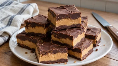 White plate piled with chocolate peanut butter fudge squares showing the thick peanut butter middle layer on a kitchen table