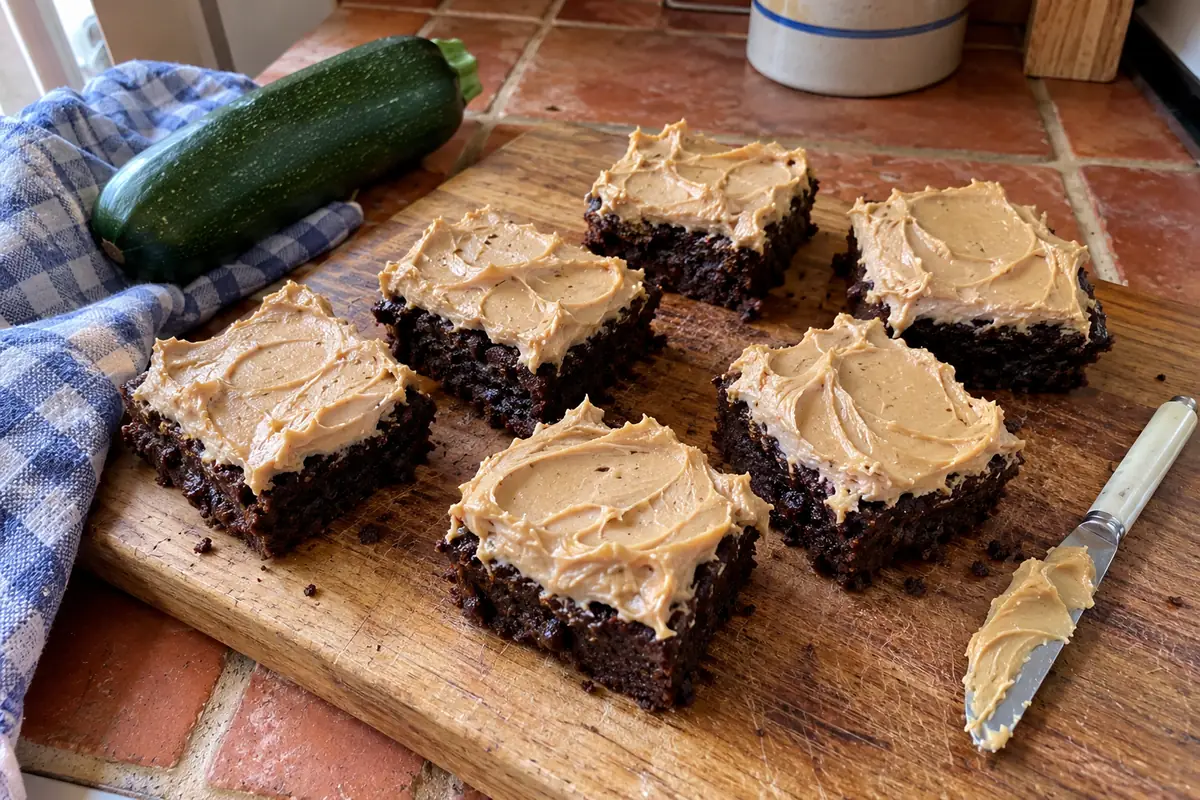 Chocolate peanut butter zucchini brownies with thick swirled peanut butter frosting on a walnut cutting board