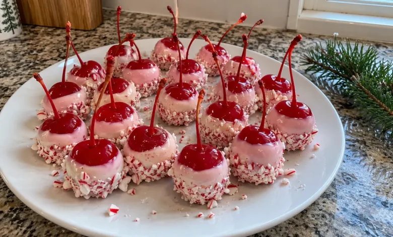 White plate of Christmas cherry bombs dipped in white chocolate with crushed peppermint bottoms and red tops showing