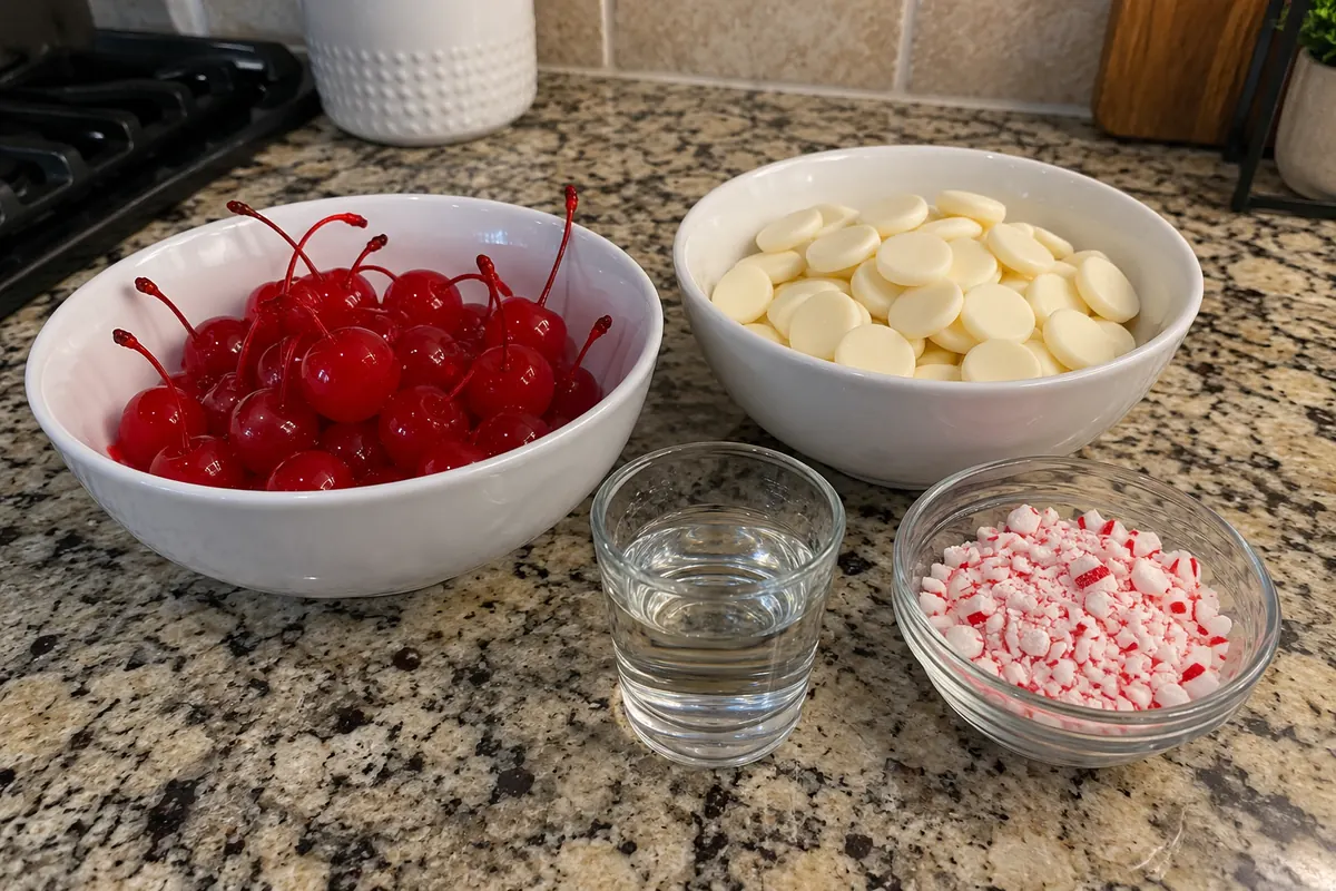 Ingredients for Christmas cherry bombs in plain bowls: drained maraschino cherries, peppermint liqueur, white chocolate discs and crushed peppermint candies
