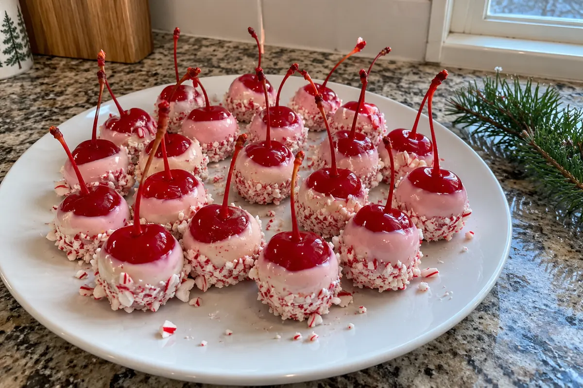 White plate of Christmas cherry bombs dipped in white chocolate with crushed peppermint bottoms and red tops showing