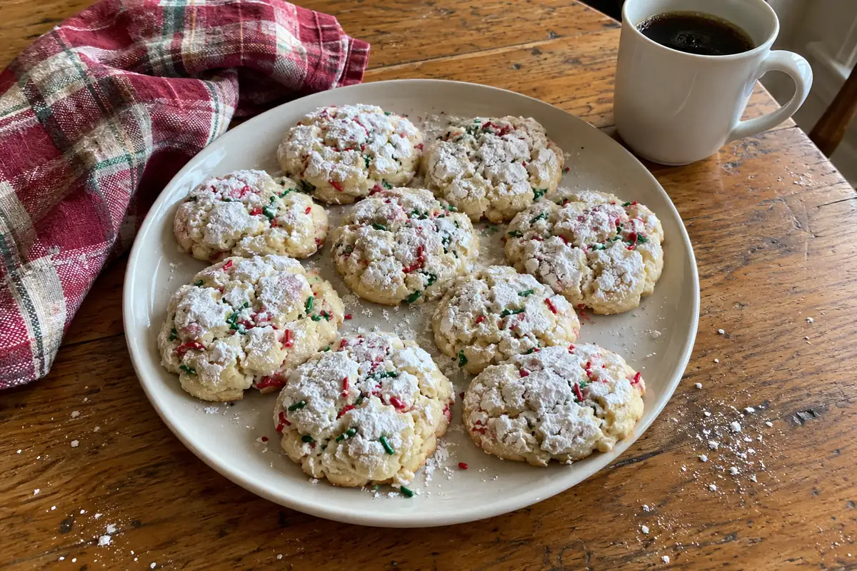 Christmas gooey butter cookies with crackly powdered sugar tops and red and green sprinkles on a cream ceramic plate