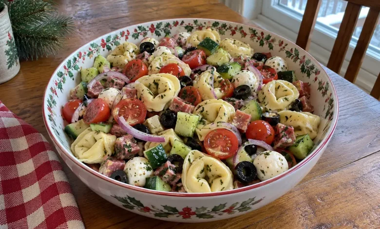 Christmas tortellini salad in a white bowl with a red holly-berry rim on a wooden table with a pine sprig and checked napkin
