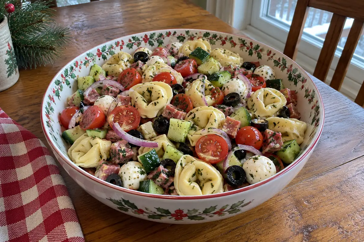 Christmas tortellini salad in a white bowl with a red holly-berry rim on a wooden table with a pine sprig and checked napkin