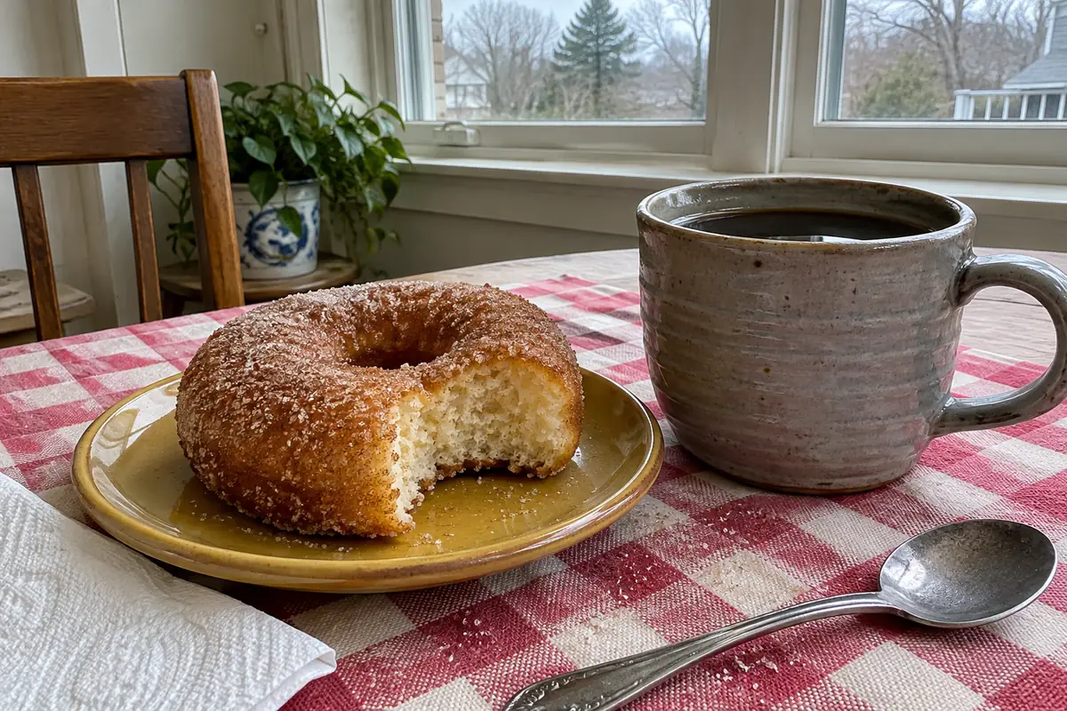 Baked cinnamon sugar donut with a bite taken out showing a soft fluffy crumb next to a mug of coffee