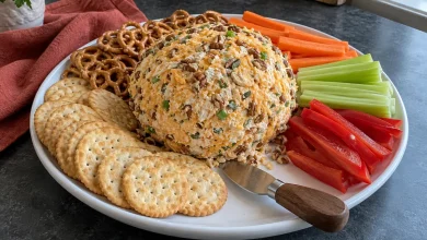 Classic cheese ball flecked with cheddar, green onions and pecans on a serving board with crackers, pretzels and vegetables