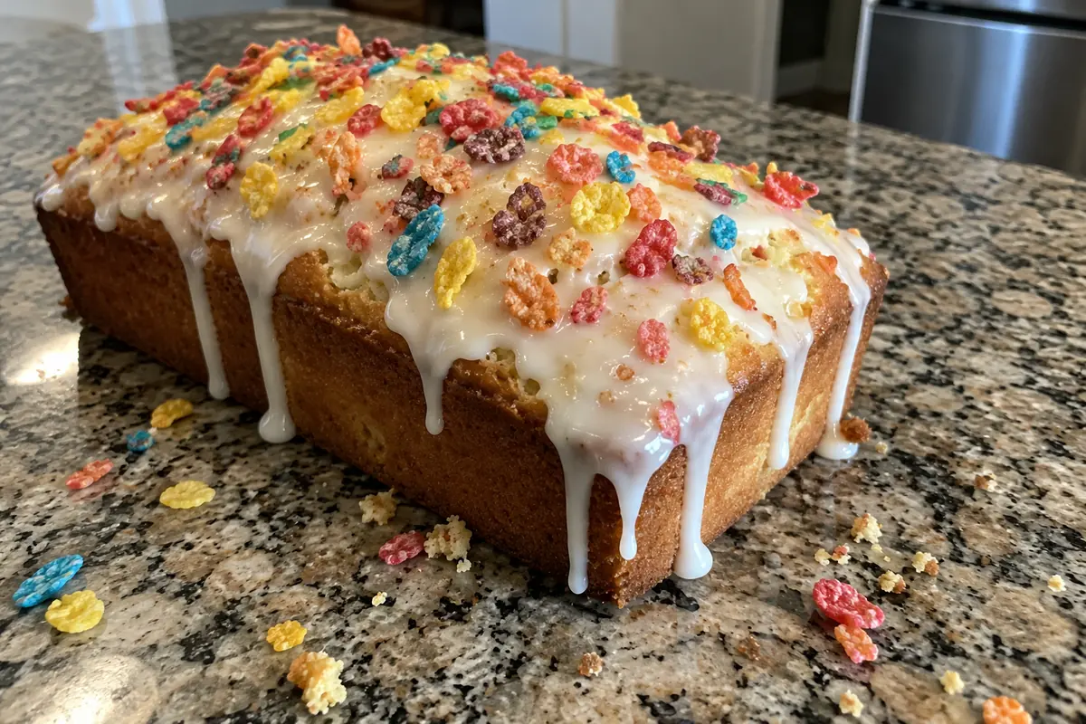Close-up of a mini pound cake loaf with thick white glaze drips and colorful fruity cereal on top