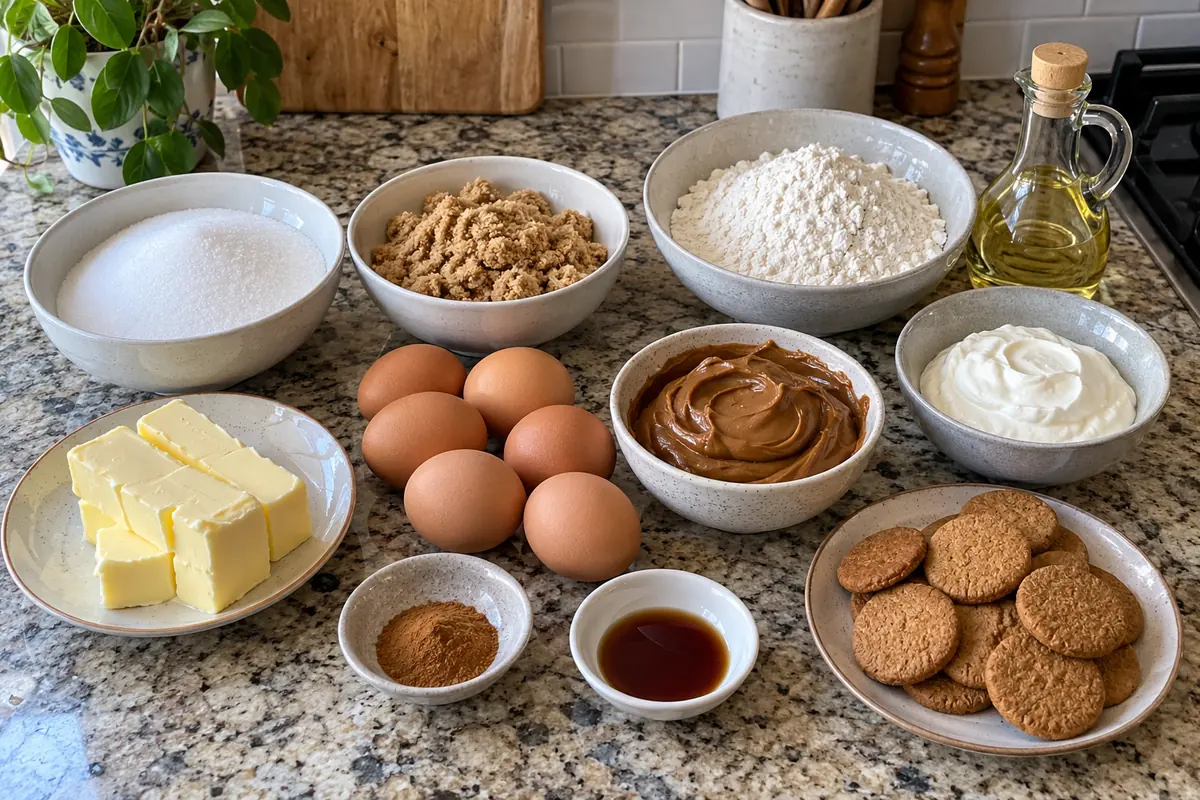 Ingredients for cookie butter pound cake: butter, sugar, brown sugar, eggs, flour, sour cream, cookie butter, spiced cookies, cinnamon, vanilla and oil