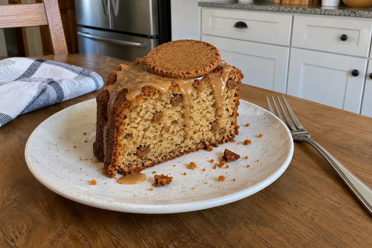 Thick slice of cookie butter pound cake on a speckled plate with glaze and a spiced cookie on top