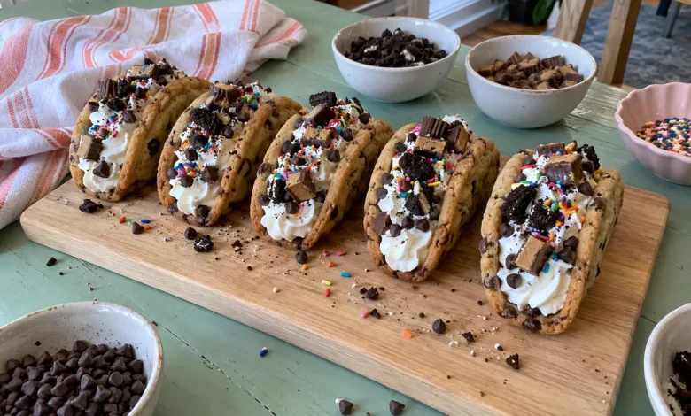 Cookie tacos filled with whipped cream and topped with chocolate chips, cookie crumbs and sprinkles