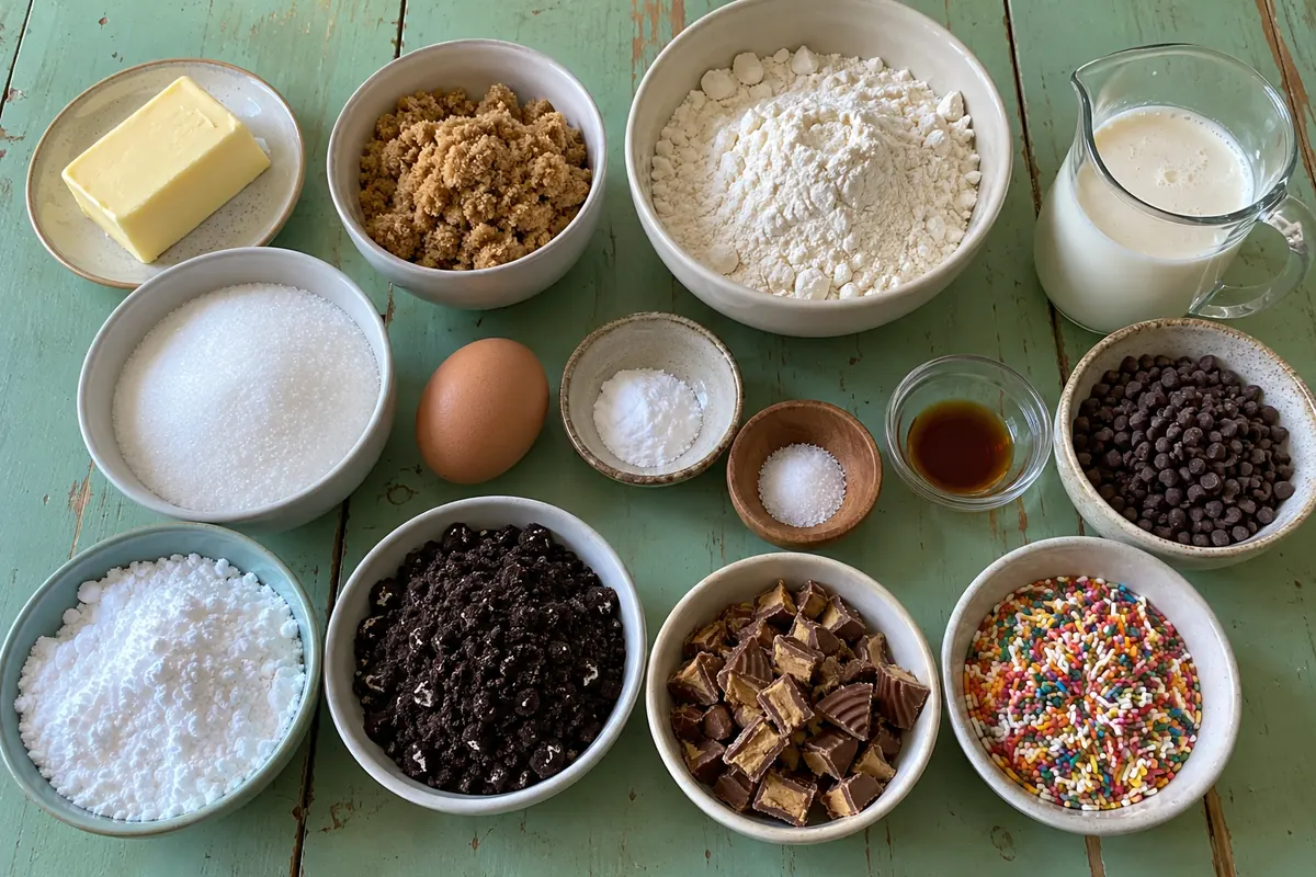 Ingredients for cookie tacos: butter, sugars, egg, flour, chocolate chips, cream and toppings