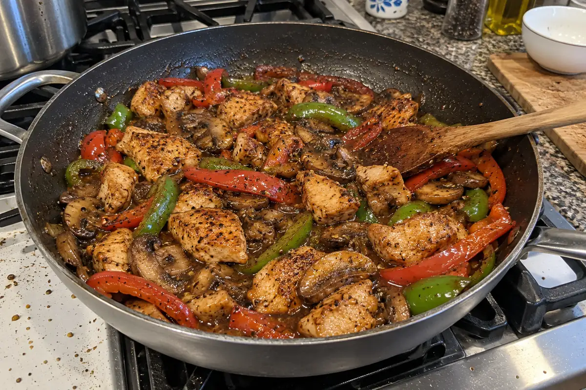 Black pepper chicken and mushrooms cooking in a skillet with bubbling sauce and a wooden spoon
