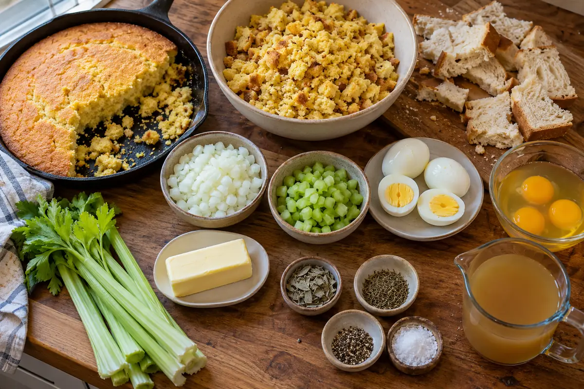 Ingredients for old fashioned cornbread dressing: cornbread, celery, onion, eggs, broth, butter, sage and thyme
