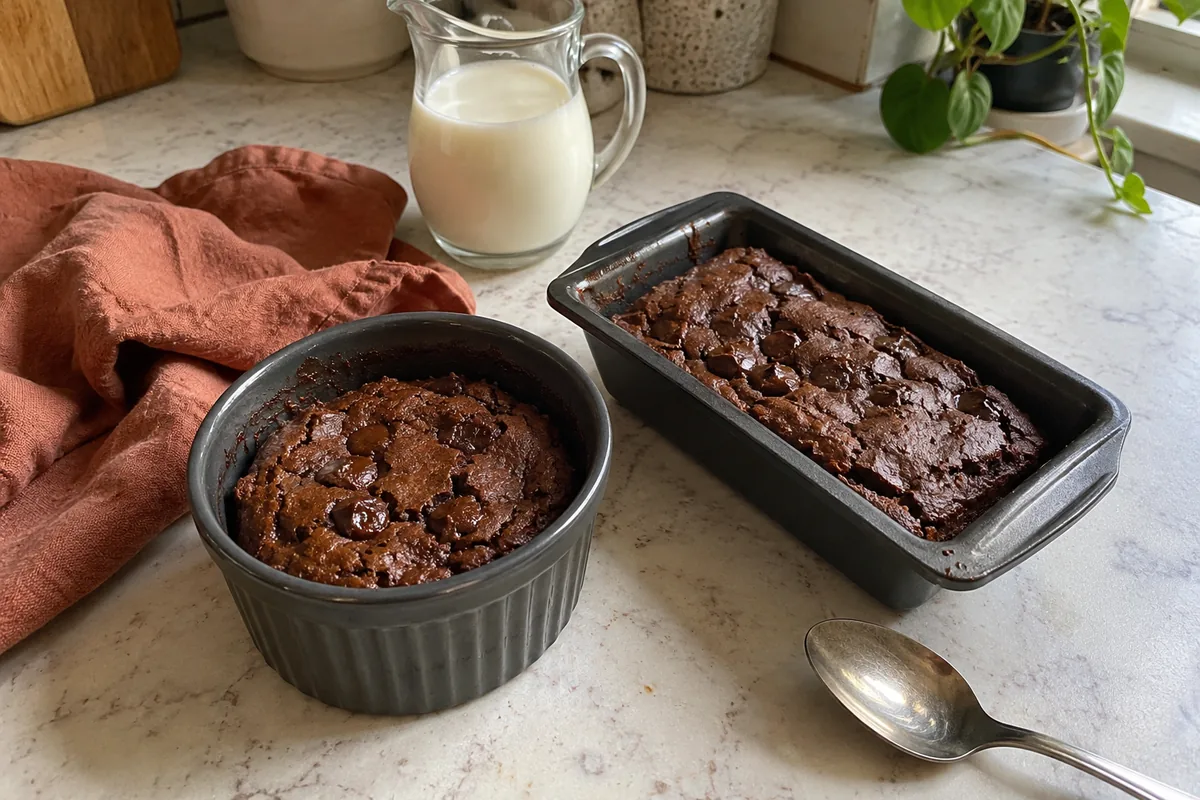 Cottage cheese brownie for one in a small dark ceramic ramekin and a mini loaf pan on a cream marble-look counter