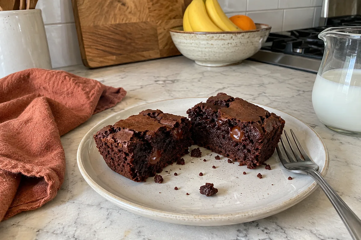 A fudgy single-serving cottage cheese brownie cut open to show a soft chocolate center next to a small jug of milk