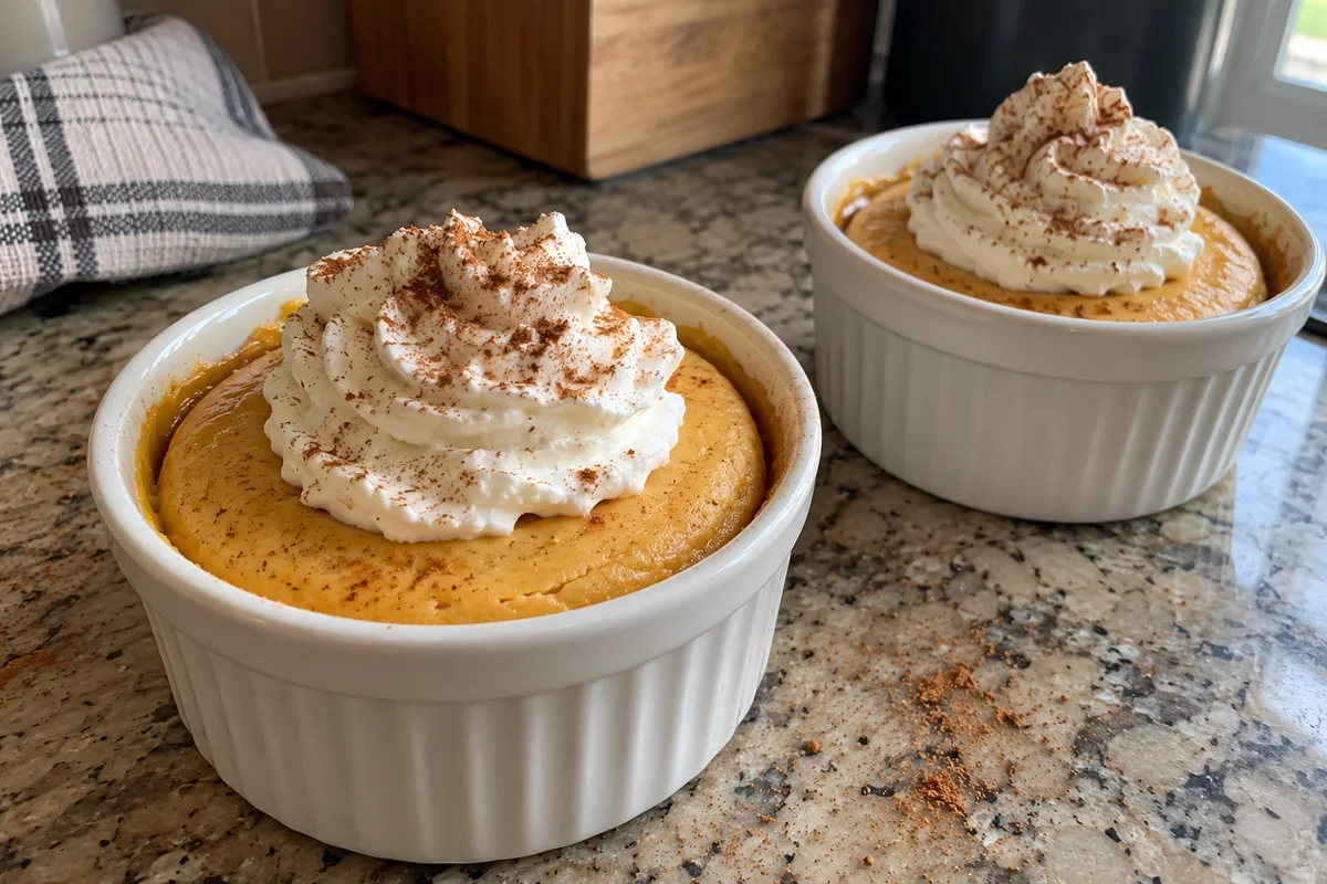 Two white ramekins of cottage cheese pumpkin cheesecake topped with whipped cream and a sprinkle of cinnamon