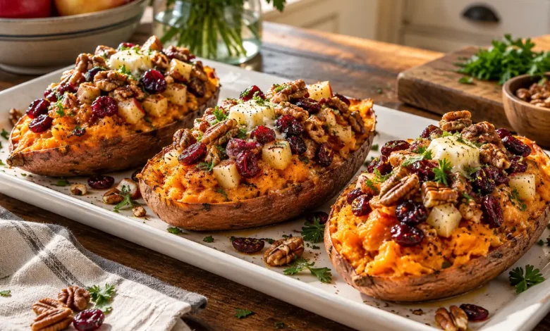 Three cranberry apple twice baked sweet potatoes on a long white platter topped with dried cranberries, toasted pecans, diced apple and parsley