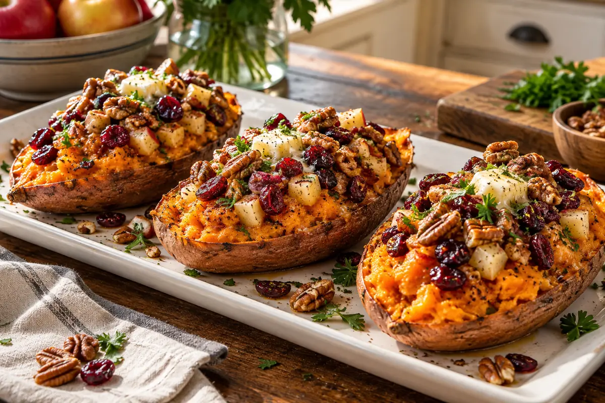 Three cranberry apple twice baked sweet potatoes on a long white platter topped with dried cranberries, toasted pecans, diced apple and parsley