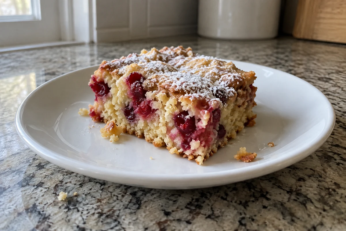 One cranberry cake bar cut open showing soft crumb with baked cranberries inside