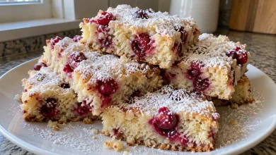 Powdered-sugar-dusted cranberry Christmas cake bars stacked on a plate on a home kitchen counter