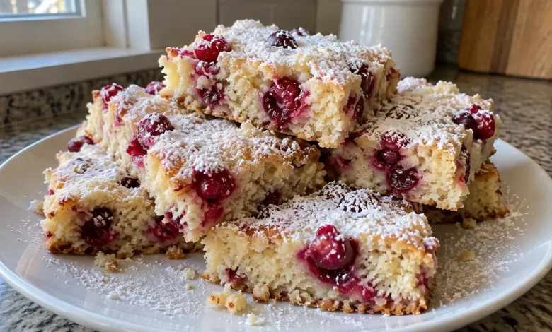 Powdered-sugar-dusted cranberry Christmas cake bars stacked on a plate on a home kitchen counter