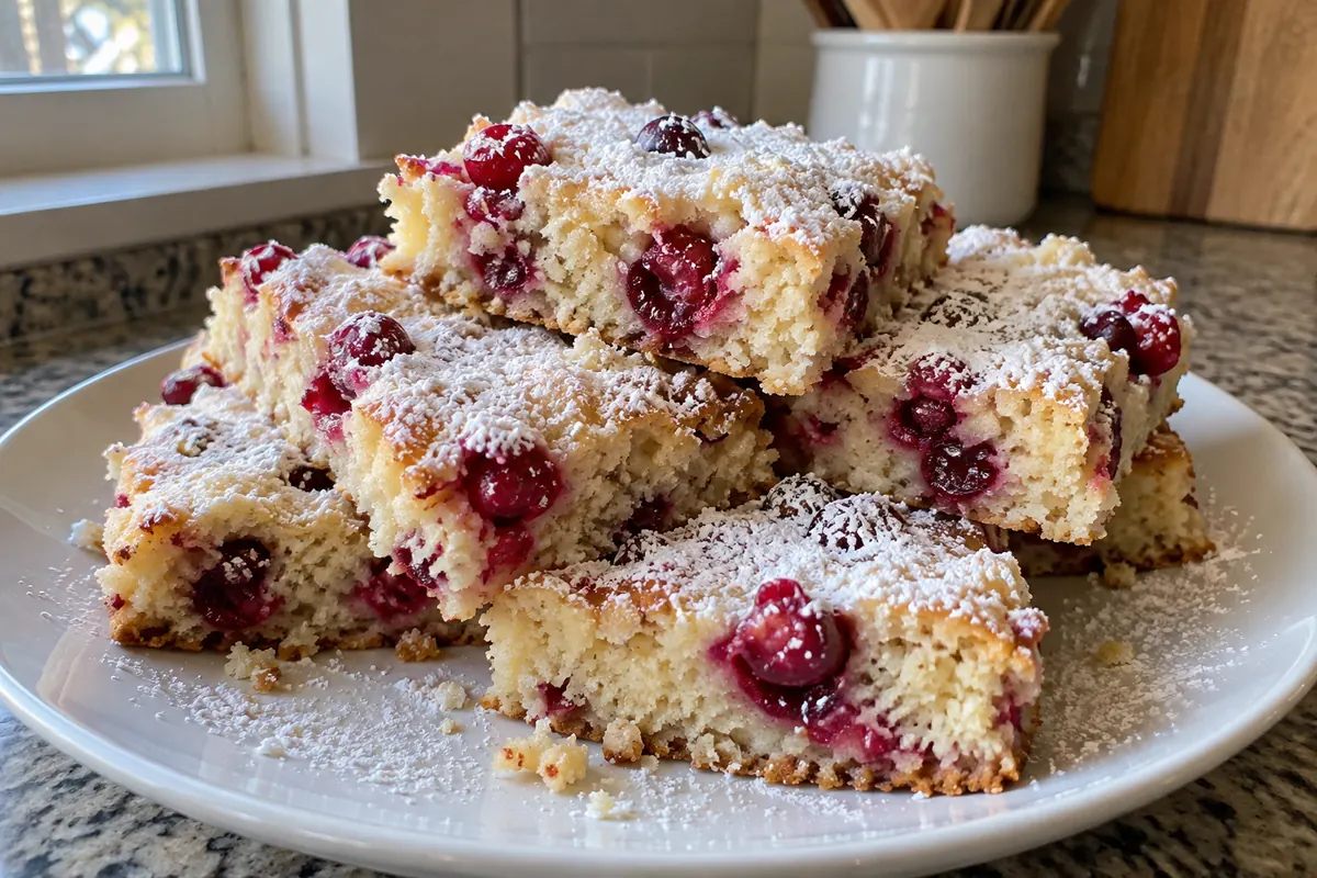Powdered-sugar-dusted cranberry Christmas cake bars stacked on a plate on a home kitchen counter