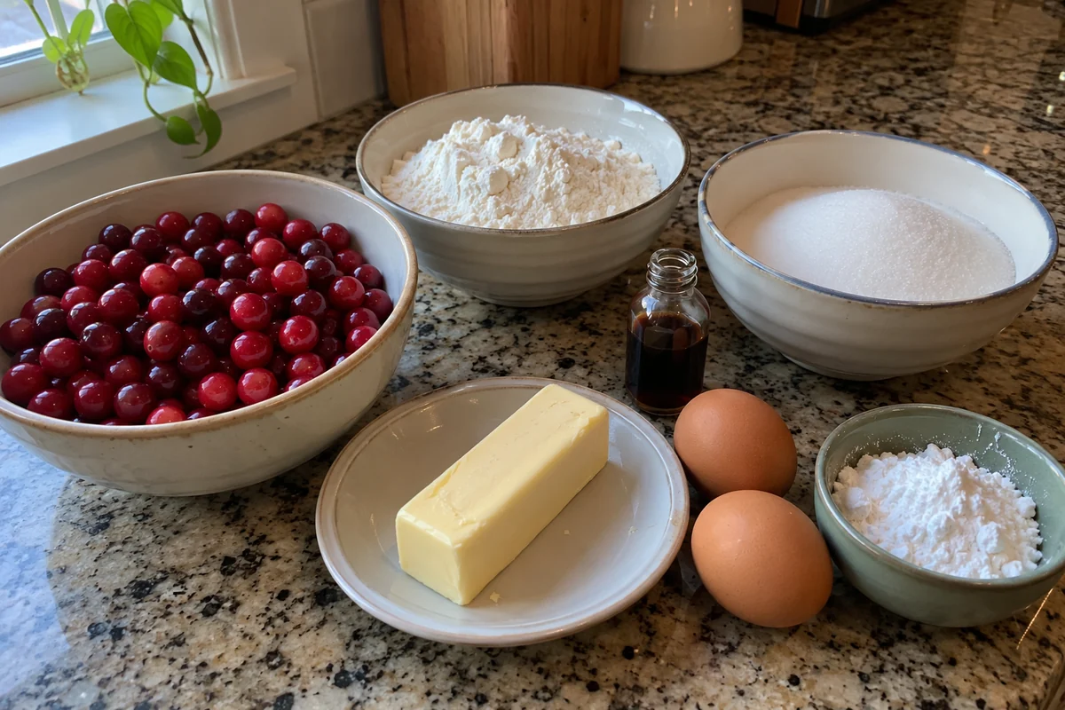 Ingredients for cranberry Christmas cake in plain unlabeled bowls: cranberries, flour, sugar, butter, eggs, vanilla and powdered sugar