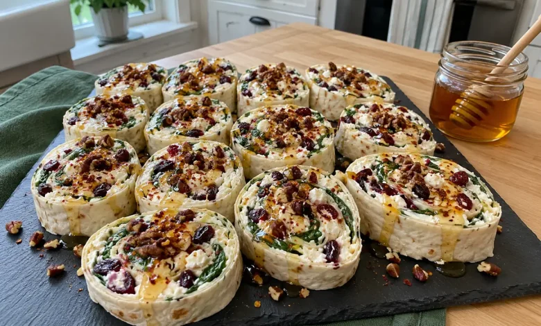 A slate board of cranberry feta spinach pinwheels drizzled with hot honey and sprinkled with toasted pecans