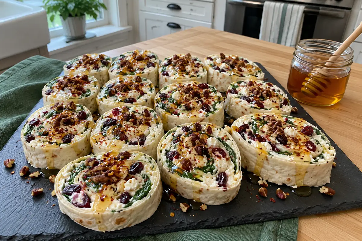 A slate board of cranberry feta spinach pinwheels drizzled with hot honey and sprinkled with toasted pecans