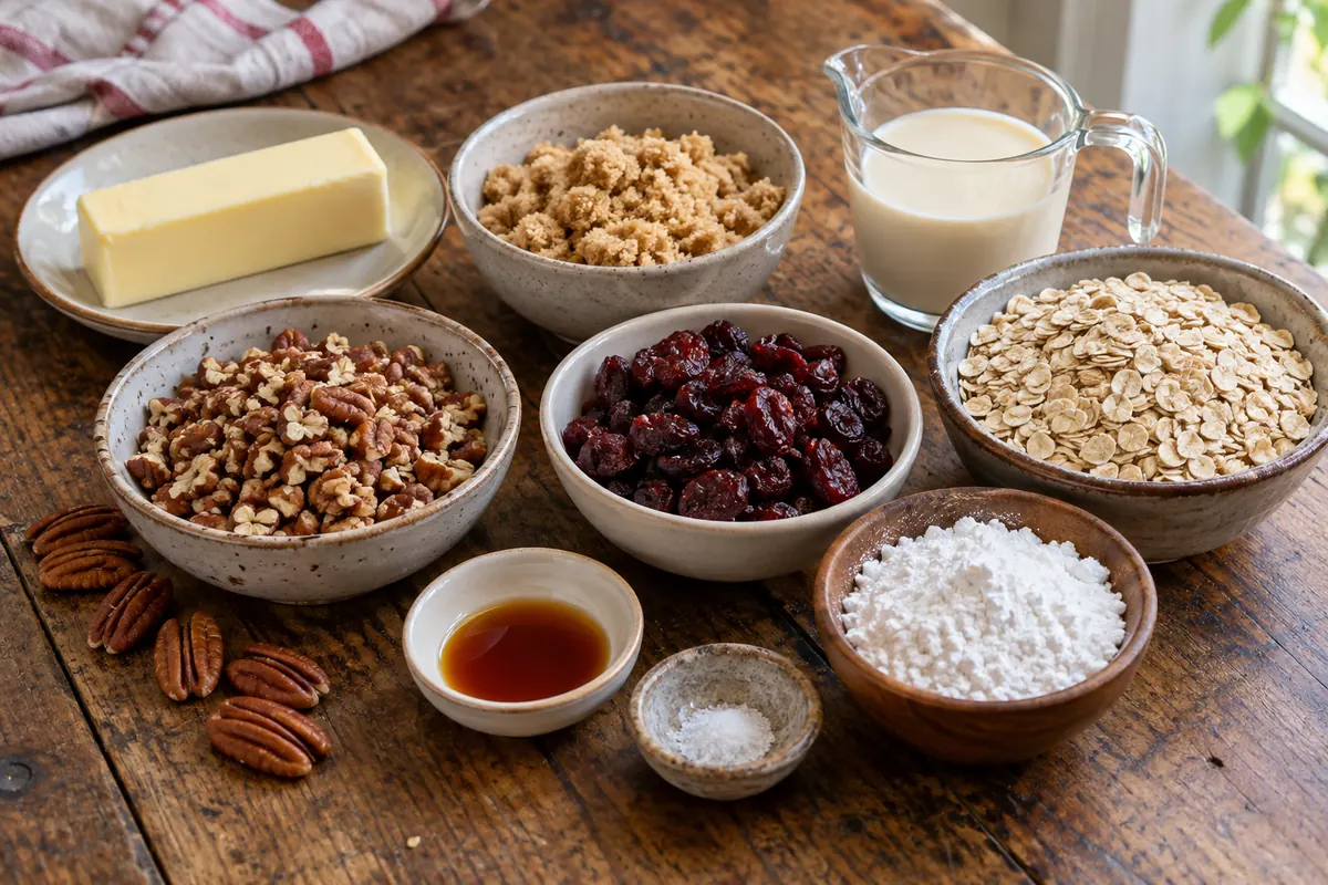 Ingredients for no-bake cranberry pecan praline cookies laid out: butter, brown sugar, evaporated milk, oats, pecans, dried cranberries, vanilla and powdered sugar