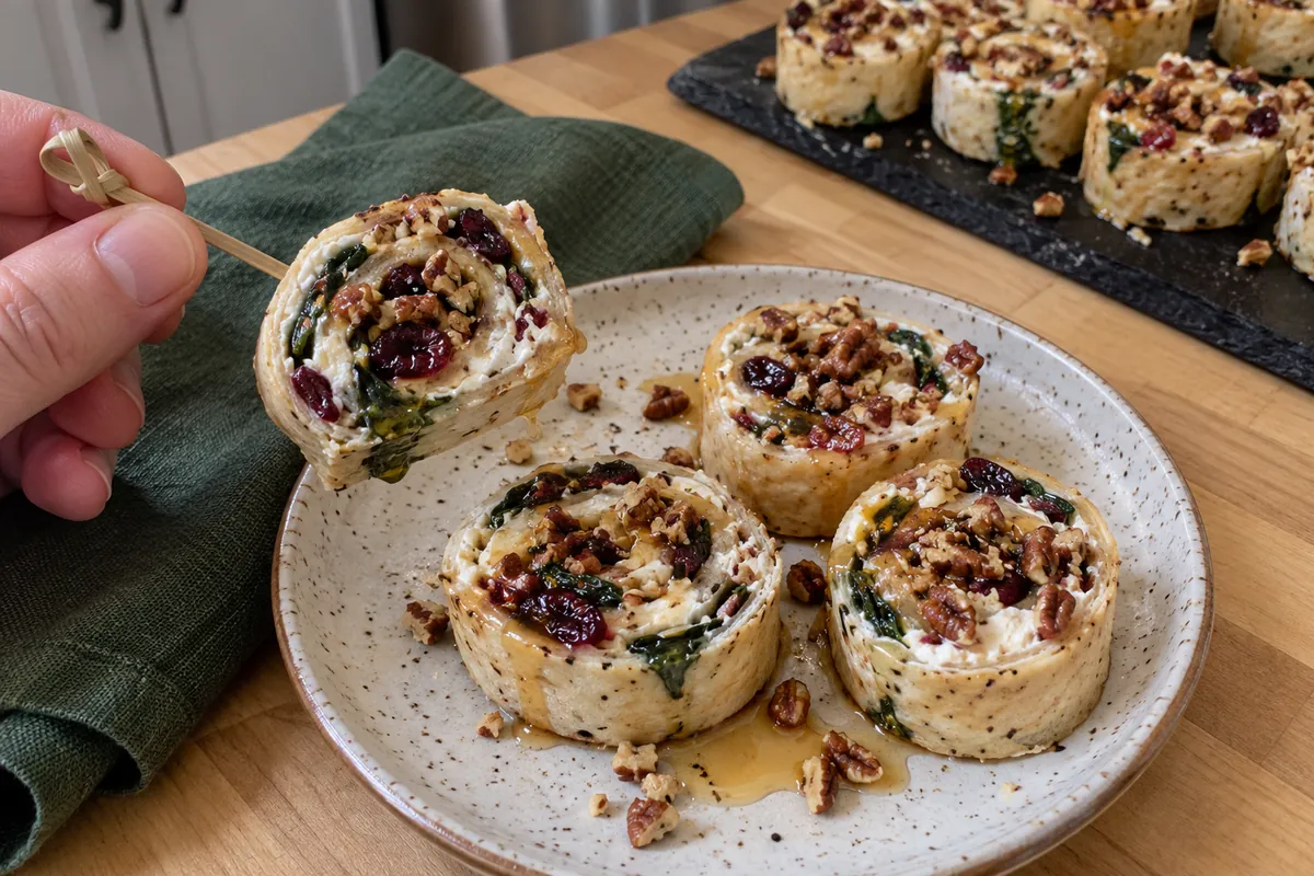 A small plate of cranberry feta spinach pinwheels with hot honey and chopped pecans
