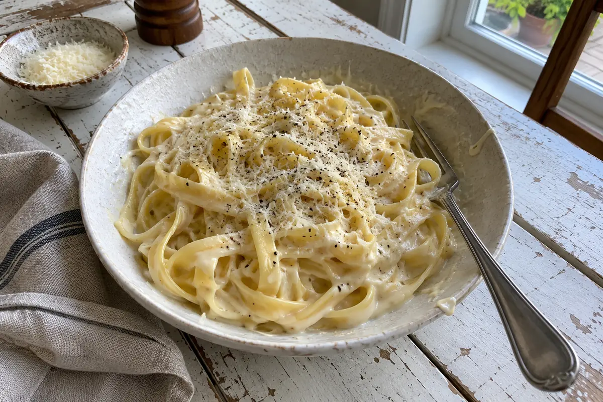 Bowl of fettuccine coated in thick cream cheese alfredo sauce topped with grated parmesan and black pepper