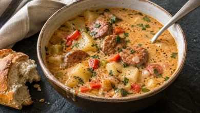 Bowl of creamy cajun potato soup with sliced sausage and chopped parsley on a dark slate board beside crusty bread