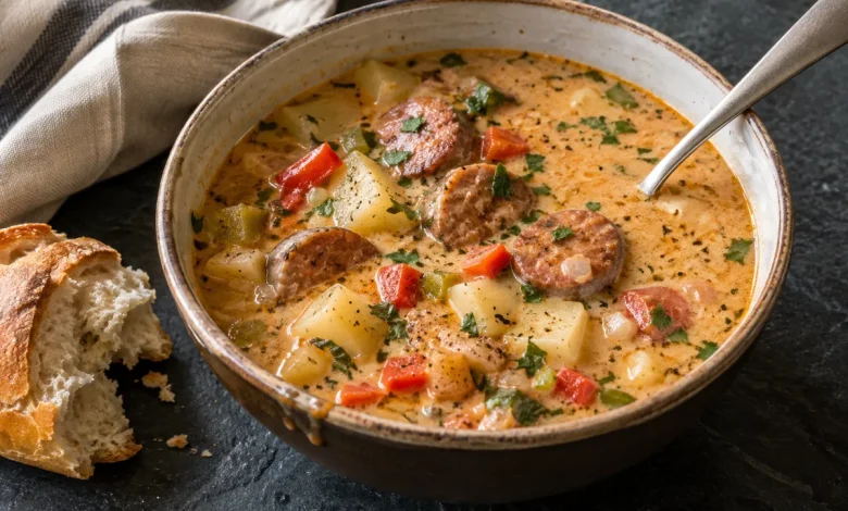 Bowl of creamy cajun potato soup with sliced sausage and chopped parsley on a dark slate board beside crusty bread