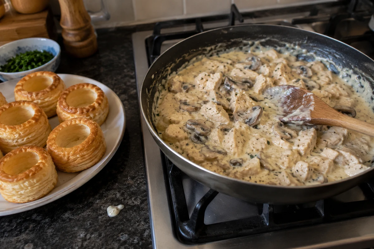Creamy chicken and mushroom filling simmering in a skillet beside empty puff pastry cases